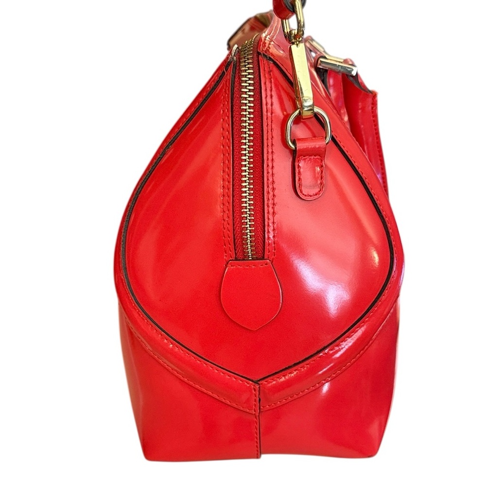 Italian Leather Red Satchel Crossbody Shoulder Bag Patent Gold Hardware Feet - Picture 5 of 16
